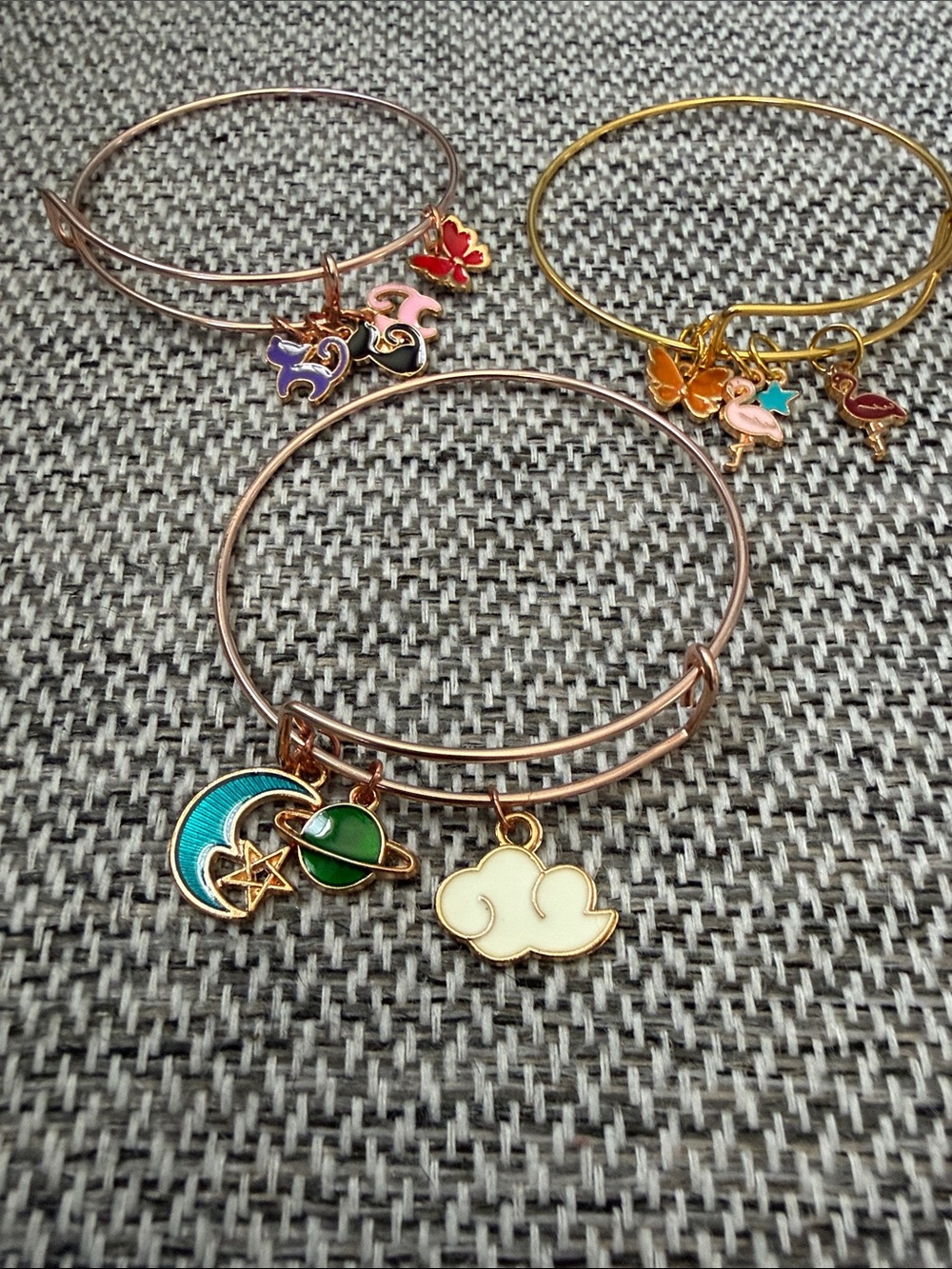 Set of 3 Enamel Charm Bangle Bracelets - Turquoise, Pink, Gold Accents